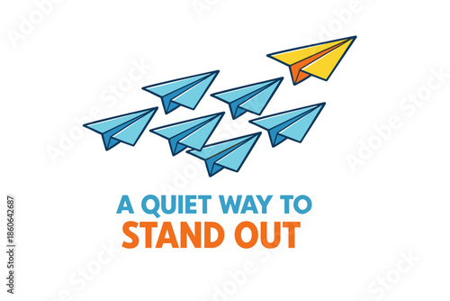 Unique yellow paper plane leading blue group: symbol of innovation and leadership