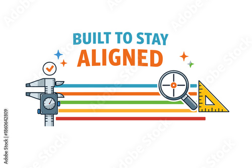 Precision tools and vibrant lines with caliper, magnifying glass, and square