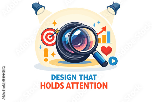 Colorful illustration of graphic design elements with magnifying glass and target symbols