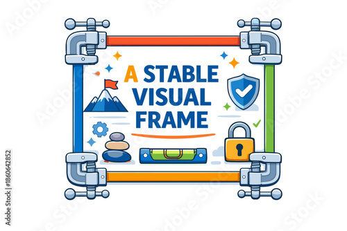 A stable visual frame: mountain, shield, lock, level, and gear illustration