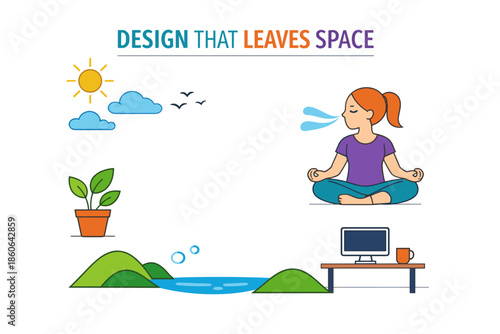 Woman meditating in nature-themed office with sun, clouds, and greenery
