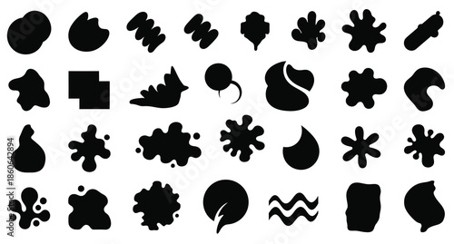 Collection of abstract black ink splatter shapes and organic forms