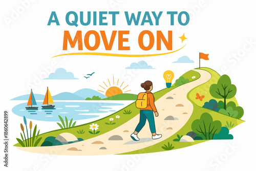 Female walking on scenic path to new beginnings in nature illustration