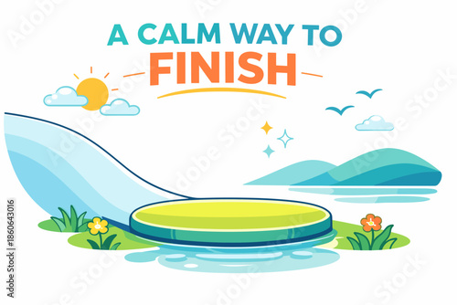 Serene waterslide exit with nature and sunshine elements