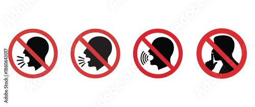 prohibition signs depicting various levels of speaking or talking featuring distinct black silhouettes within red circles
