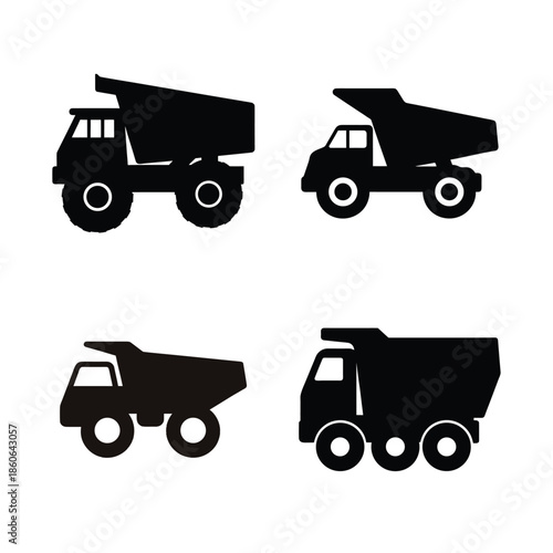 Four different heavy-duty dump truck silhouettes ready for construction and mining projects