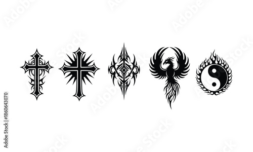 Tattoo designs featuring crosses, phoenix, and yin yang symbols