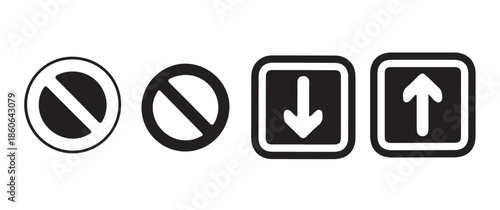 a collection of black and white traffic signs depicting prohibitions and directional arrows a striking silhouette