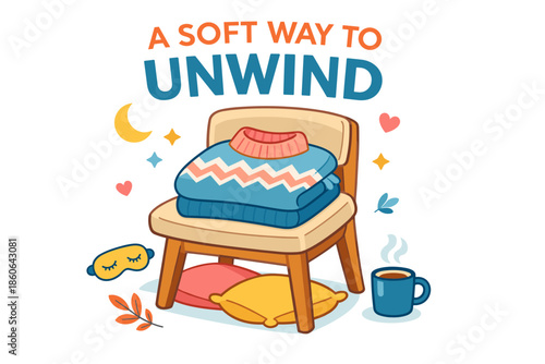 Cozy relaxation scene with stacked sweaters and comfort items