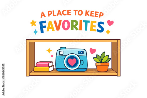 Colorful shelf with camera, books, and plant illustration