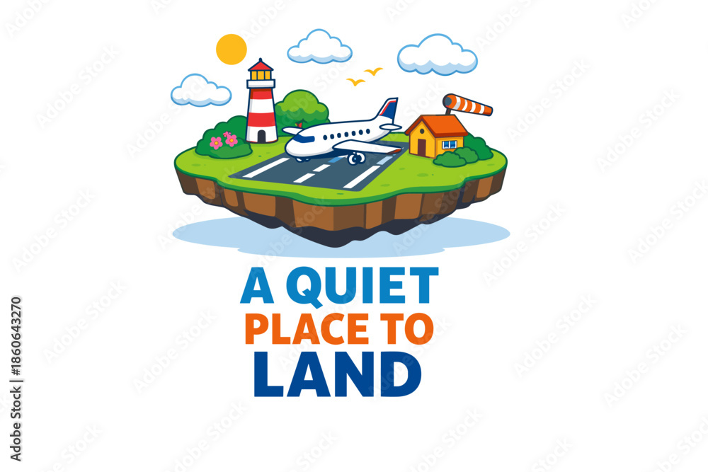 Fototapeta premium Isometric island airport with airplane, lighthouse, and sunny sky