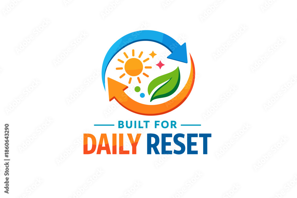 Obraz premium Colorful daily reset logo with sun, leaves, and arrows symbolizing renewal