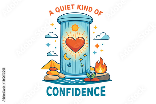 Heart symbol on pillar surrounded by sun, moon, nature elements