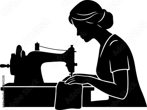 Black Silhouette of Woman Sewing with Sewing Machine
