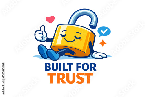 Cartoon padlock character promoting security and trust with positive symbols