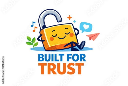 Happy padlock character relaxing with nature and icons of trust