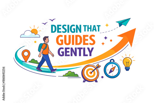 Young male walking on path with directional symbols and inspirational message