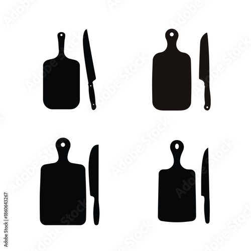 Stylized black silhouette icons depicting various cutting boards and sharp kitchen knives