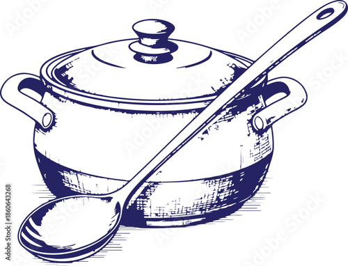 Cooking pot with lid and spoon vector Illustration