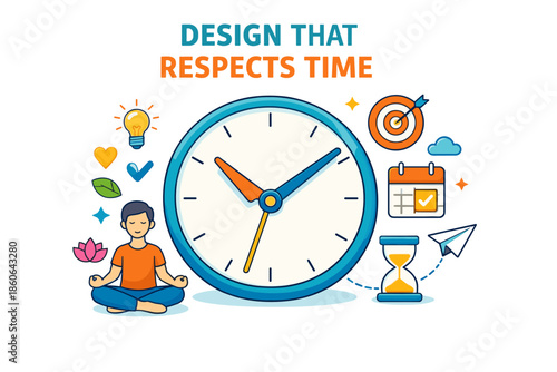 Balanced time management surrounding male meditating with clock and productivity icons
