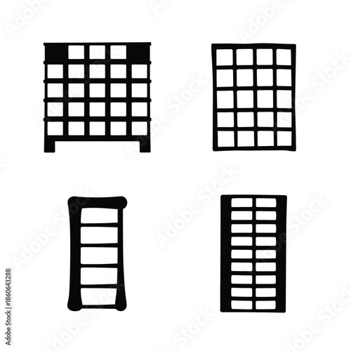Collection of various grid-patterned structures and shelving units on a white background
