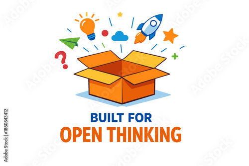 Open thinking concept with box and creative icons: rocket, lightbulb, paper plane, and more