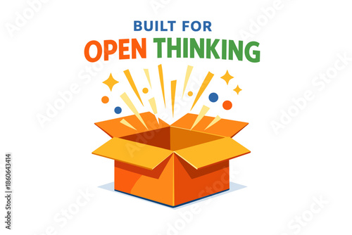 Built for open thinking: exploding box concept with stars and abstract shapes