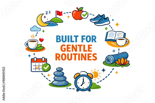 Gentle routines icons: fitness, relaxation, nutrition, sleep, and wellness