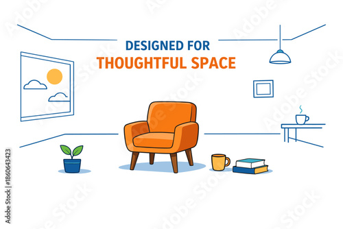 Minimalist living room design with orange armchair and cozy elements