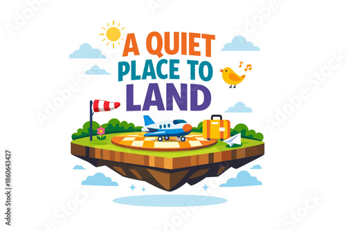 Quiet floating island with airplane and luggage: a peaceful landing scene
