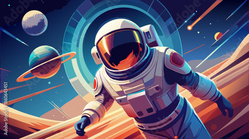 Very beautiful vector illustration of an astronaut floating peacefully in zero gravity, reflective helmet showing distant galaxies, poetic and dreamy space atmosphere.
