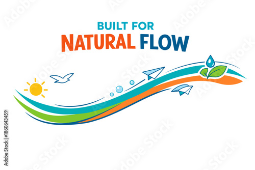 Dynamic natural flow illustration with sun and flying paper planes