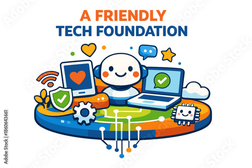 Friendly tech foundation logo with devices and cute robot