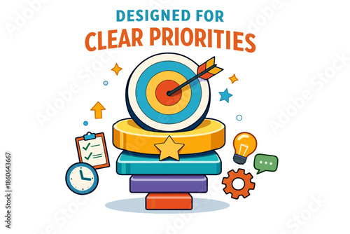 Stacked strategy for achieving clear priorities with target icon and progress elements