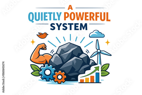 Quietly powerful system: strong arm, gears, wind turbine, eco growth, conservation symbols