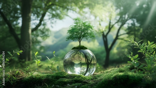 A small tree grows atop a reflective glass sphere, which rests on a lush mossy forest floor.