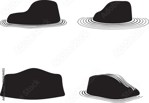 Modern vector silhouettes depicting abstract stones and rocks, some with gentle water ripple patterns