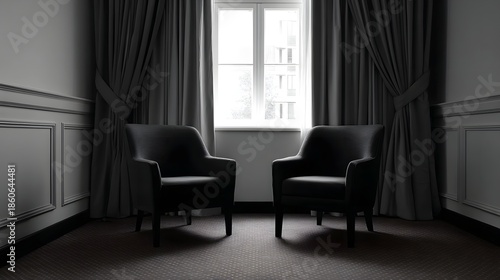 Wallpaper Mural Two empty armchairs in a dimly lit room with drawn curtains framing a window Torontodigital.ca