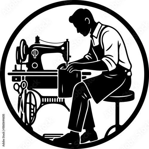 Black Silhouette of Man Sewing with Sewing Machine
