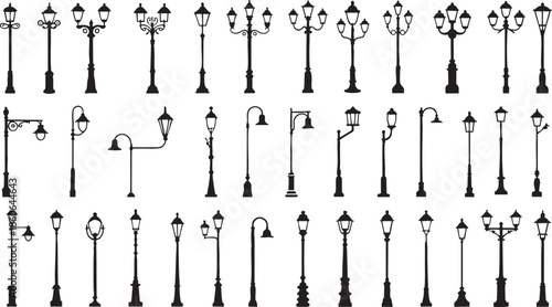 Collection of various street lamp silhouettes on white background