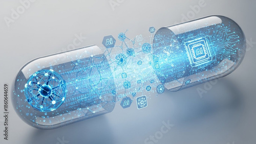 A futuristic transparent capsule with glowing blue circuits and particles on a gray surface with a technological design