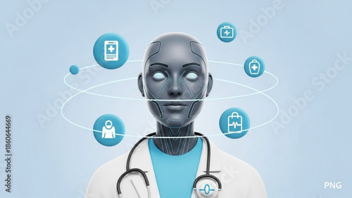 A futuristic robot doctor with stethoscope and medical icons floating around its head on a light blue background with a professional and technological feel