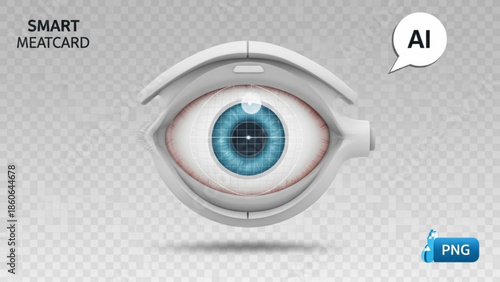 A futuristic blue eye with a smart meatcard and ai technology on a grey transparent background with a speech bubble