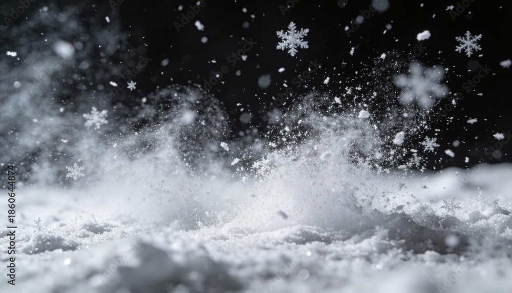 Obraz premium Fine white snow dust mixed with small snowflakes drifting in the air, isolated on black background, soft diffusion, subtle motion blur