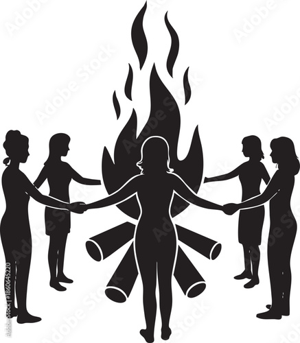 silhouette of people holding hands around a campfire