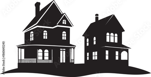 Silhouette of two classic American houses with porches and chimneys