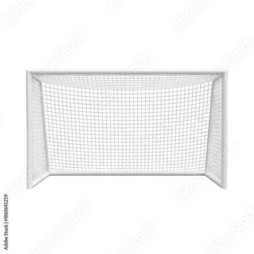 Detailed white soccer goal frame with net isolated on transparent background