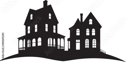 Silhouette of two large houses with porches and chimneys standing side by side on a hill