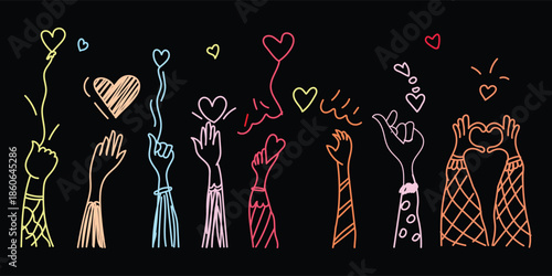 hand drawn love hand gestures with colorful hearts on black background, neon love hand sign doodle illustration with glowing hearts, minimal hand drawn love gesture line art with colorful hearts