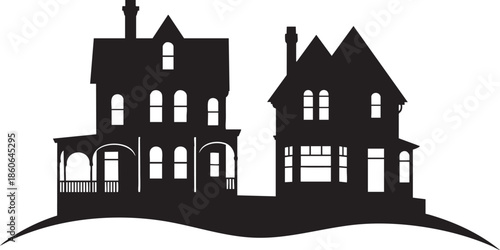 Silhouette of two large houses with porches and chimneys side by side